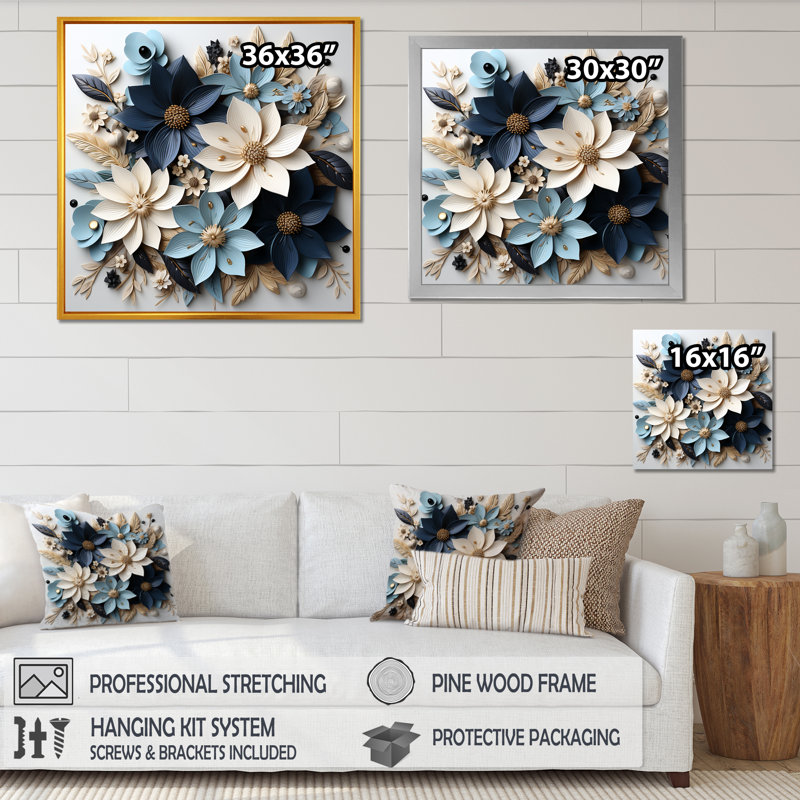 Poinsettias blancs et bleus en fleurs III, H 16 po x l 16 po x P 1 po, Cadre flottant doré