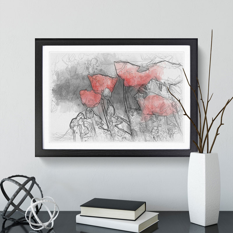 Red Poppy Field Sketch - Picture Frame Graphic Art Print, Black Framed, 36cm H x 48cm W x 2cm D
