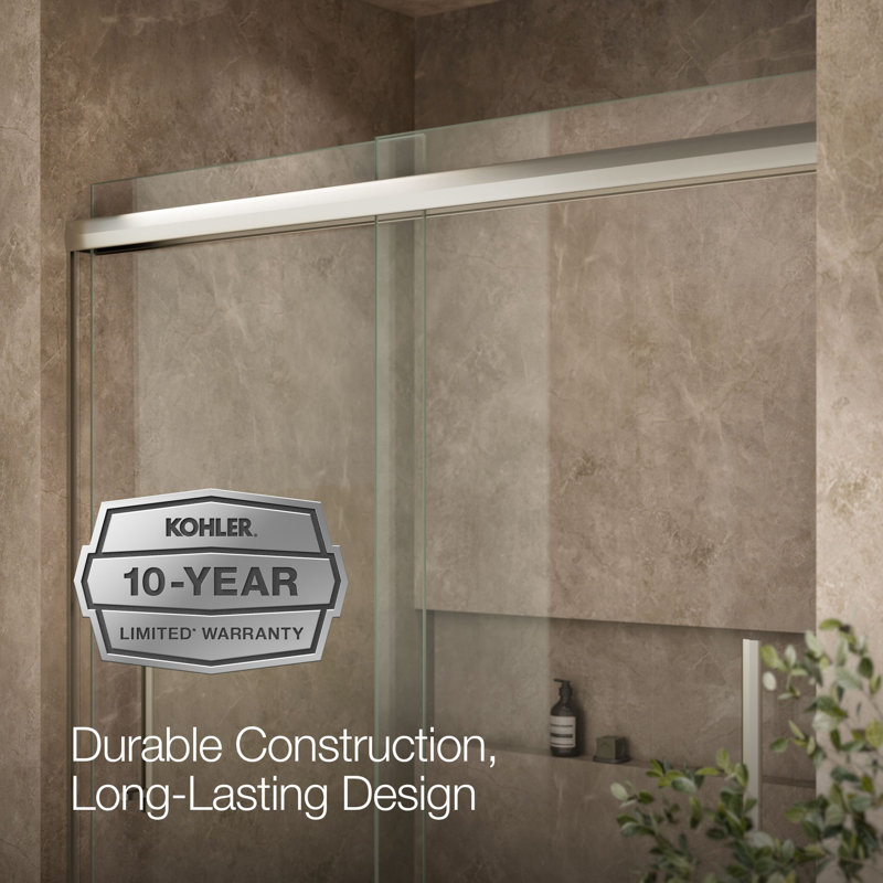Pleat® 63-9/16"H Frameless Sliding Bath Door with 5/16"-Thick Crystal Clear Tempered Glass, Nickel