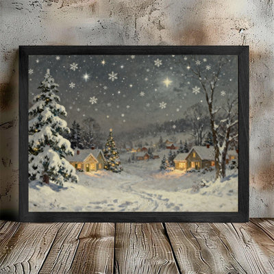 Black Framed Classic Vintage Christmas Village Wall Art - Charming Snowy Night Winter Landscape Decor Framed Prints