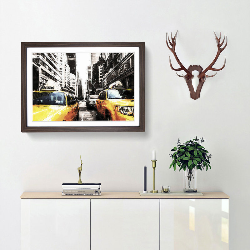 Two Yellow Taxi Cabs in New York in Abstract - Picture Frame Painting Print, Walnut Framed, 48cm H x 65cm W x 2cm D