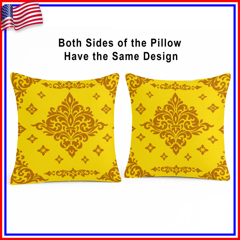 Coussins décoratifs en damas jaune et brun, 16 x 16 inches