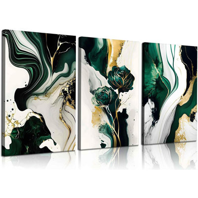 3 pièces d'art mural encadré vert émeraude, toile d'art moderne en toile abstraite en marbre vert et or, affiches, décorations murales, photos pour le salon, la chambre, le bureau, la maison, prêt à accrocher