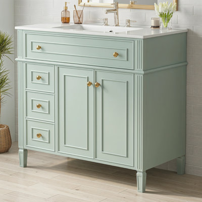36" Modern Single Bathroom Vanity With Sink, Solid Wood, Soft-close Drawers & Doors, Gold Handles, Ample Storage