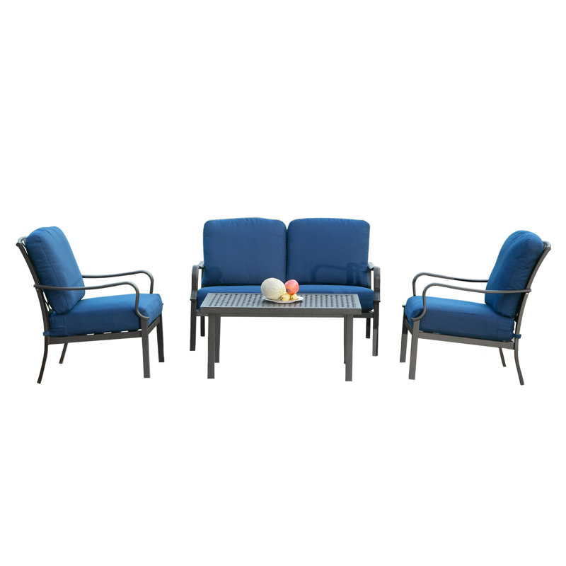 Isaac Outdoor 4-Piece Metal Conversation Set with Removable Cushions, Navy Blue