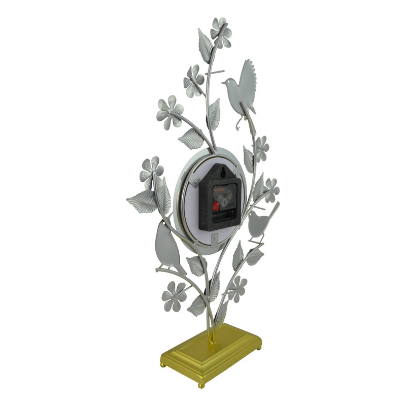 Gold and Silver Metal Quartz Movement Tabletop Clock with Bird Design