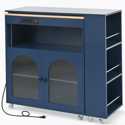 Kitchen Island On Wheels With LED Lights,Power Outlets And 2 Fluted Glass Doors