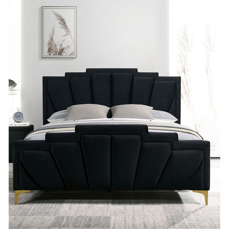 Structure de lit en flanelle Glam Classic, Noir / doré, Grand lit