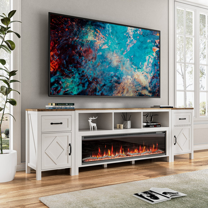 88 Inch Fireplace Tv Stand For Tvs Up To 95 Inch,farmhouse Entertainment Center With 50" Electric Fireplace,white Tv Console With Storage Cabinets And Drawers For Living Room