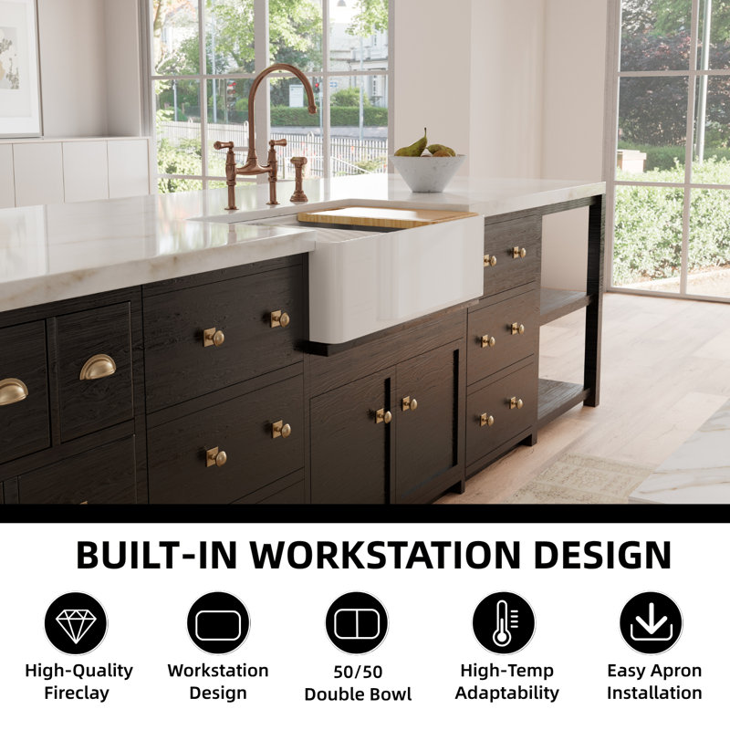 33 x 20 Inch Fireclay-Made Farmhouse Kitchen Sink Reversible with Deep Double Bowls Design & Full Accessories