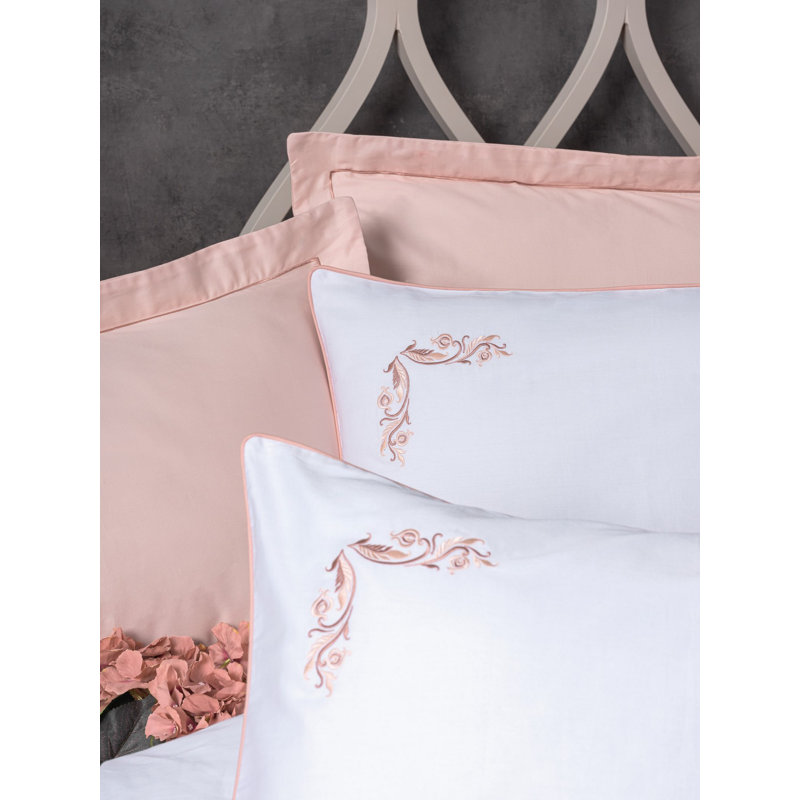 Luxurious 100% Cotton Satin Double Quilt Cover Set, Pink & White | Includes Duvet Cover (78.7 x 86.6), Flat Sheet (102.4 x 110.2), 4 Pillowcases (19.7 x 27.6) | Digital Printing, Machine Washable, Elegant Button Closure