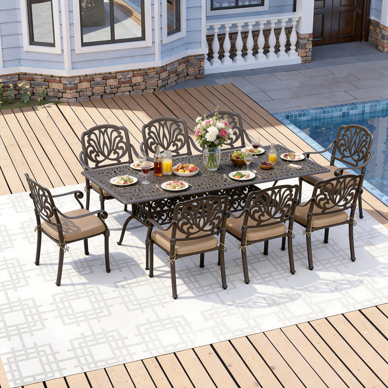 Afat 8 - Person Patio Dining Set with Rectangular Table , Cushions Included, Khaki