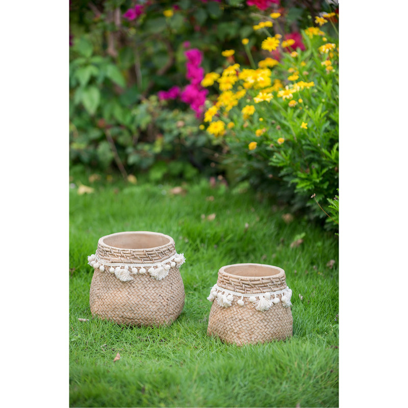 Set Of 2 6.5X6.5X6" Brown Cement Planter With Woven Tassel Accent