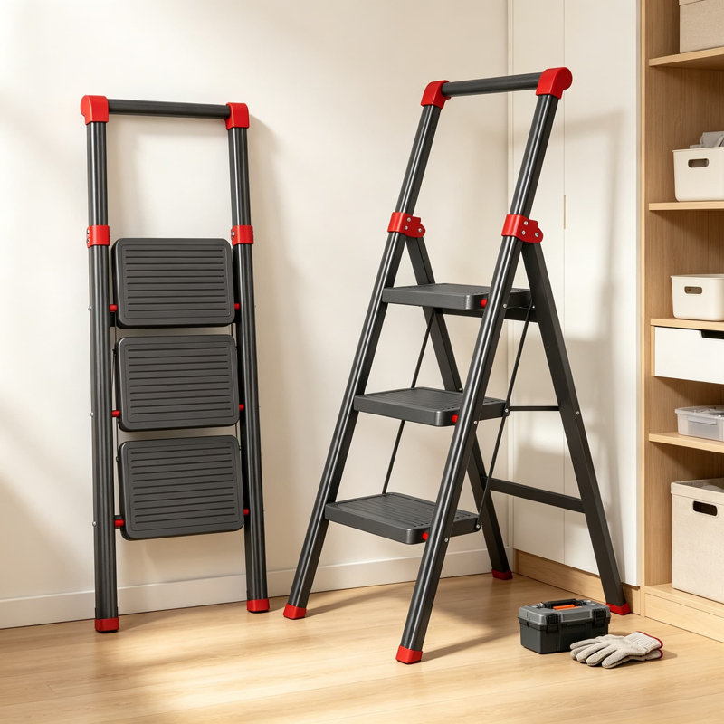 Marchepied pliant avec large pédale antidérapante et main courante, fabrication en acier robuste, conception peu encombrante pour la maison et le bureau, noir et rouge