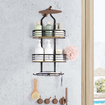 Panier de rangement suspendu en acier inoxydable et bambou - Organisateur de douche au-dessus de la tête avec crochets et ventouses