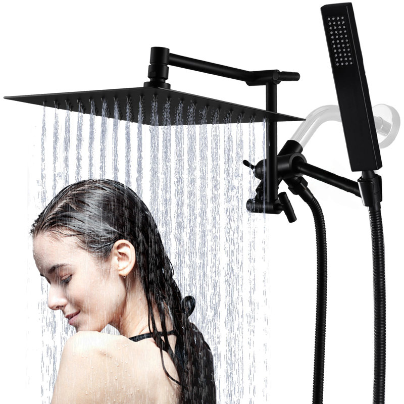 10" Rainfall Shower Head With Handheld Combo,3 Setting Diverter, Adjustable Extension Arm, Extra Long Hose,, Black