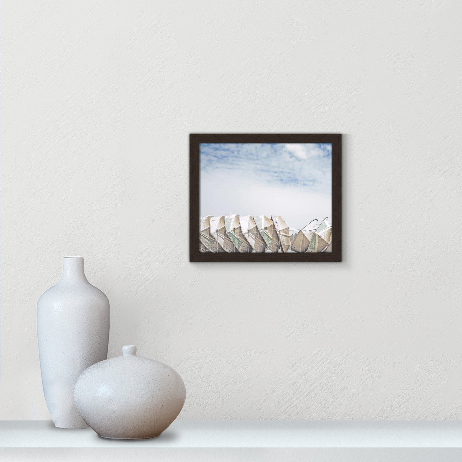 Hennecy "Wooden Boats" Print by Leah Straatsma, 13" H x 15" W x 1.25" D, Open Grain Walnut