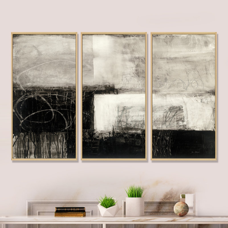 «A Geometric Day II - Mid-Century», ensemble d'art mural moderne sur toile encadrée, H 20 po x l 36 po x P 1 po, Cadre brun