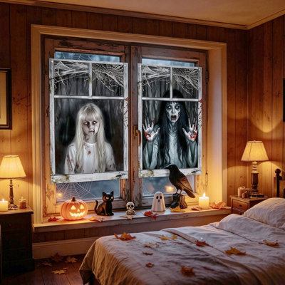 2 Pack Halloween Window Curtain Covers, Spooky Ghost Window Backdrop 47.2 × 31.5 Inches,  for Haunted House, Halloween Party Indoor Outdoor Wall Door Decor
