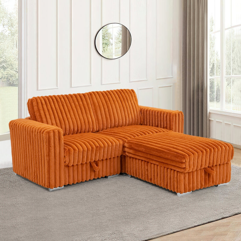 Corduroy Sectional L-Shape 2-Seats Sofa With Extra Flexible Ottoman, Orange Corduroy