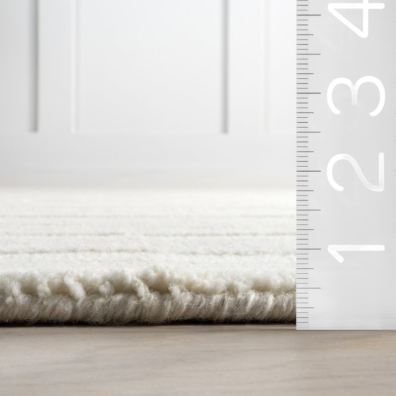 Ivory Striped Wool Handmade Tufted Rectangular Area Rug, 4' x 6'
