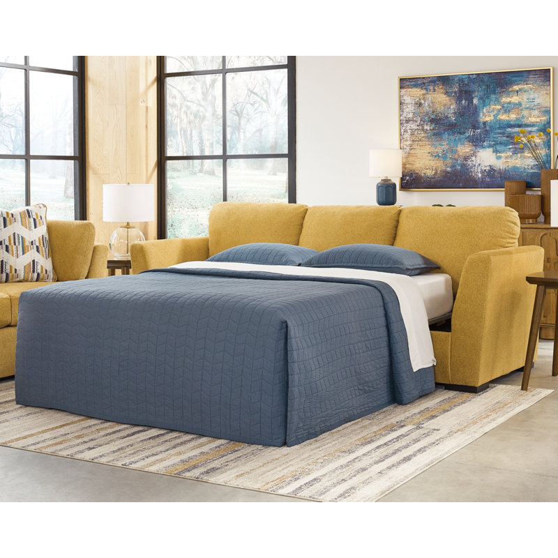 Owlex Upholstered 94'' Sleeper Sofa, Yellow 100% Polyester