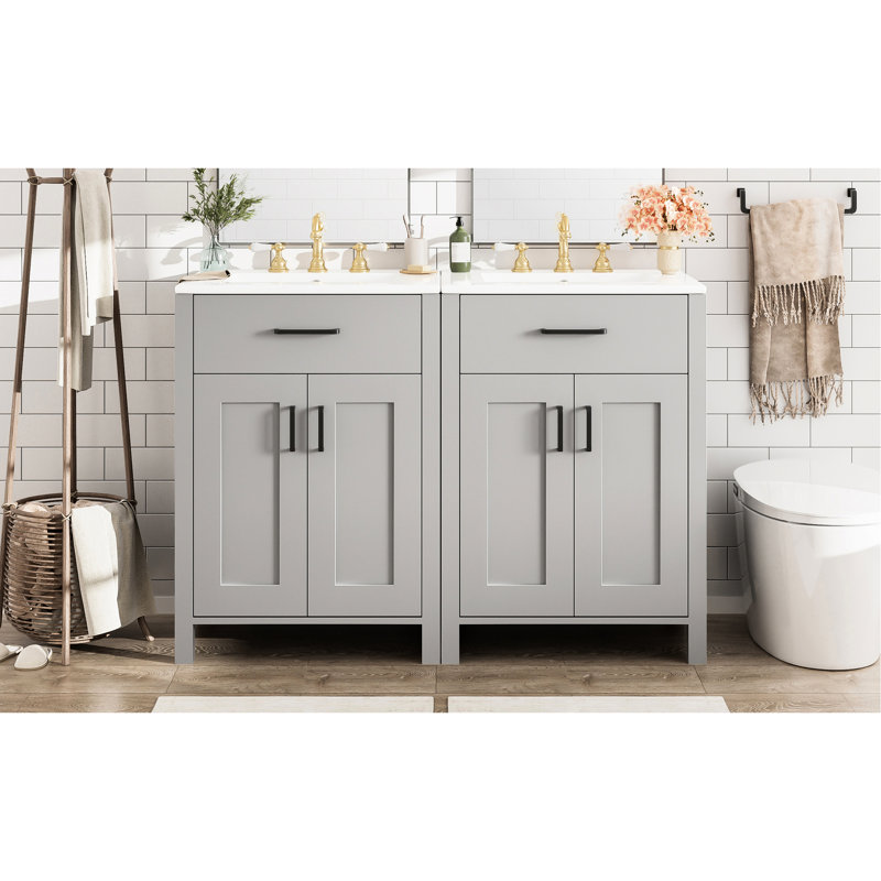 Meuble-lavabo moderne de 48 po comprenant un lavabo en céramique, un cadre en bois massif et une tablette réglable en forme de U pour un lit double Essentials avec lavabo double, fonction de fermeture en douceur silencieuse, articles de toilette à tiroir rabattable