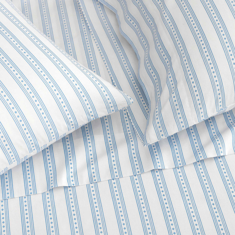 Martha Stewart Cotton Percale  Sheet Set, Twin Sheet Set with 1 Pillowcase, Francesca Stripe Blue