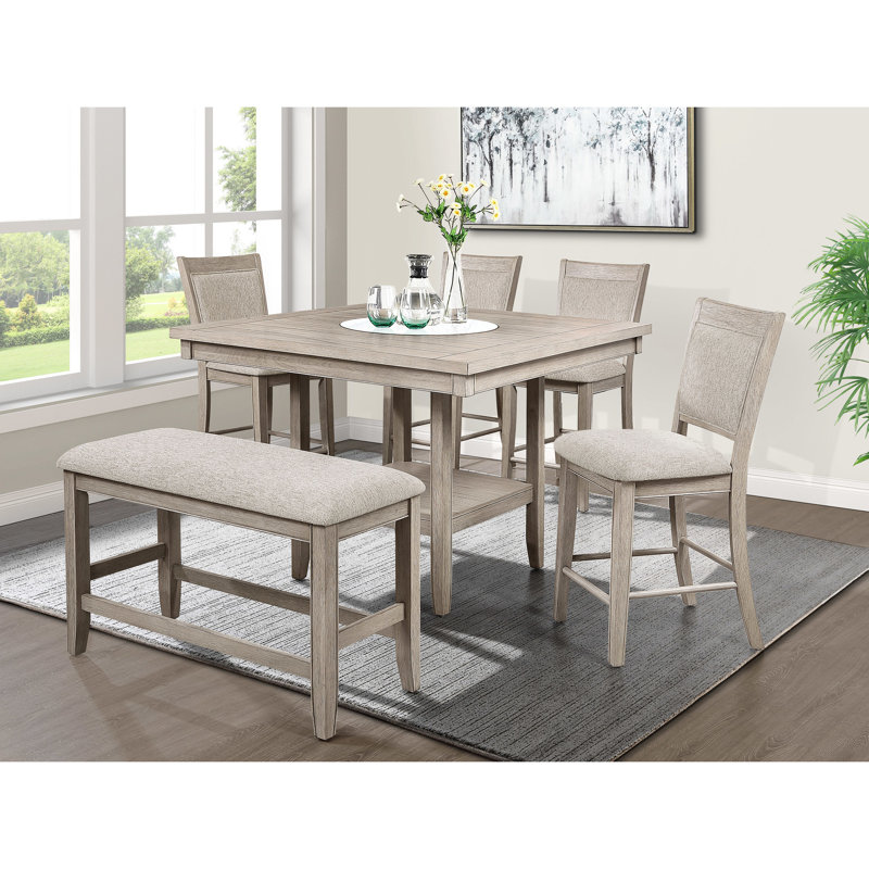 Banc de salle à manger à hauteur de comptoir brun clair / brun, siège rembourré avec repose-pieds, base transitionnelle en bois massif gris et fabrication en bois