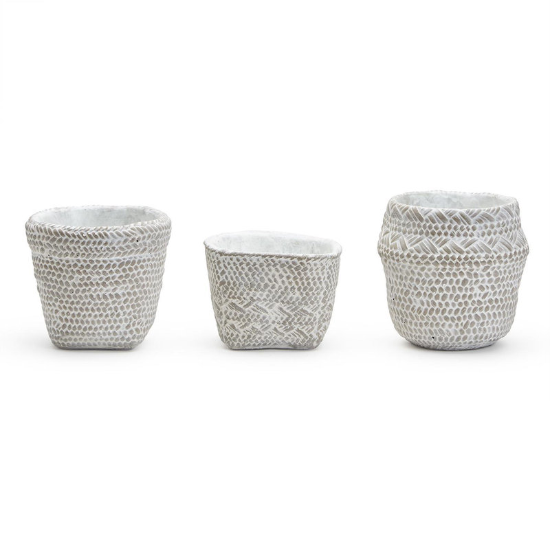 White Washed Set Of 3 Basket Pattern Planter