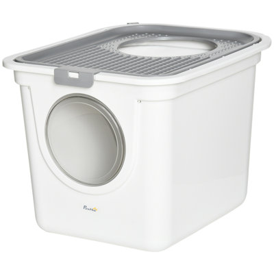 Covered Cat Litter Boxes & Litter Box Enclosures, White PET, Portable