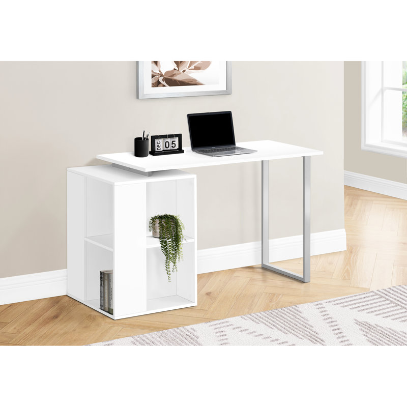 Bureau d'ordinateur élégant pour le bureau à domicile - l 55 po, stratifié blanc, métal gris, options de rangement, assemblage gauche / droite