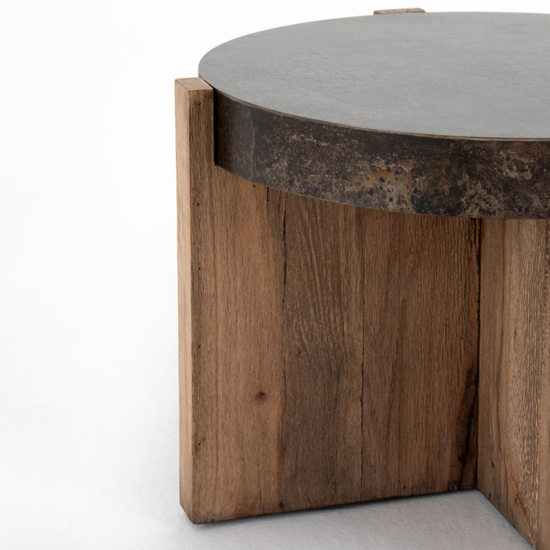 Round Black and Brown Wood Metal Side Table