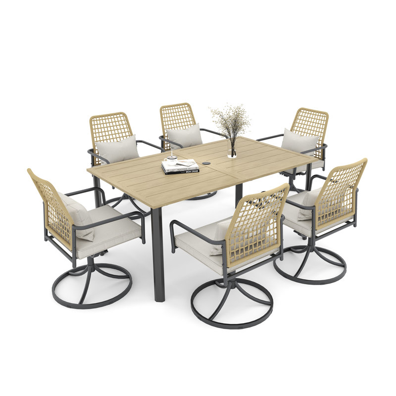 Ensemble repas extérieur pour 6 personnes avec coussins, Coussin beige / plateau de table jaune