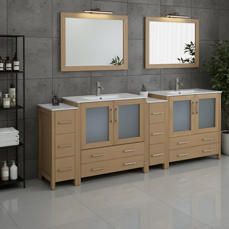 Brescia 96" Double Sink Freestanding Bathroom Vanity with Ceramic Top and Matching Mirrors, Natural Oak