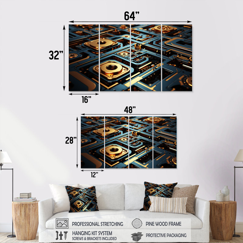 Mécanisme de mainframe bleu doré - art mural abstrait 4 pièces, H 32 po x l 64 po