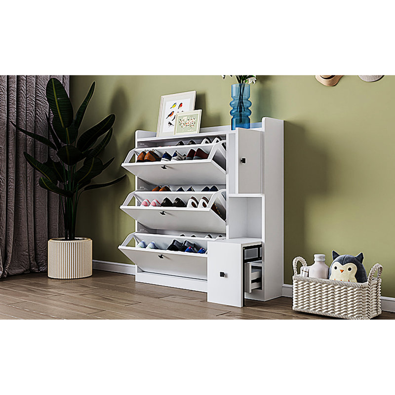 Space Shoe Rack With Pull-down Seat And 3 Drawer Containers, White Freestanding Cabinet Adjustable Drawers Seat,, White