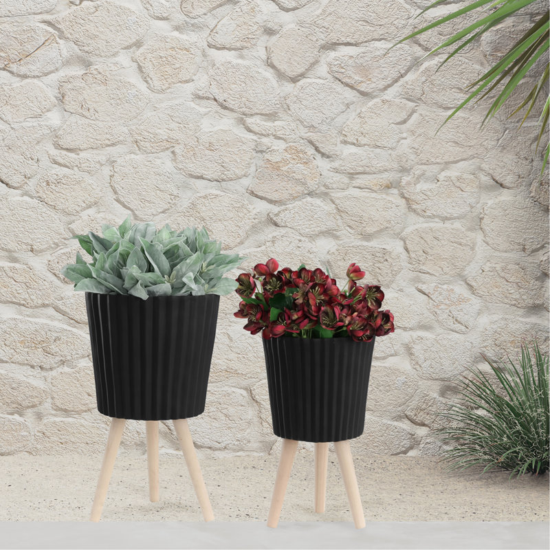 S/2 10/12" RIDGED PLANTER W/ WOOD LEGS, BLACK (KD), Black