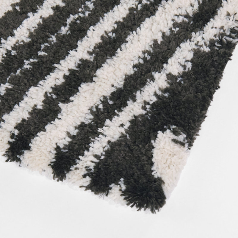 Avraham Black Abstract Stripe Shag Area Rug, Rectangle 5'3" x 7'