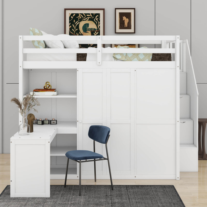 Lit mezzanine double avec garde-robe, bureau et tablettes, Blanc