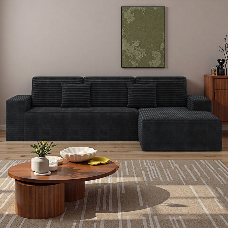 111" Modular Sectional Sofa With L-Shaped Chaise, No Assembly Required, Black Corduroy