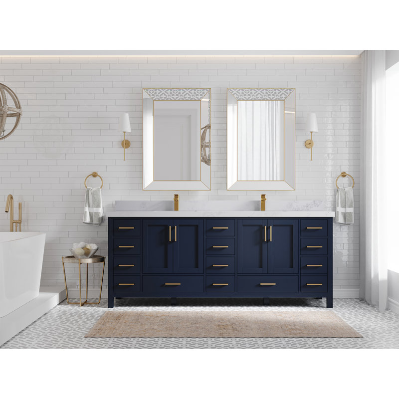 Ensemble de meuble-lavabo double 84 po Huette, Calacatta Nuvo, Bleu