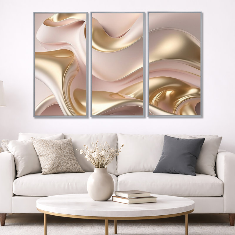 Subtile sophistication en rose exquis et or VI - 3 pièces sur toile, Cadre argenté flottant, H 40 po x l 60 po