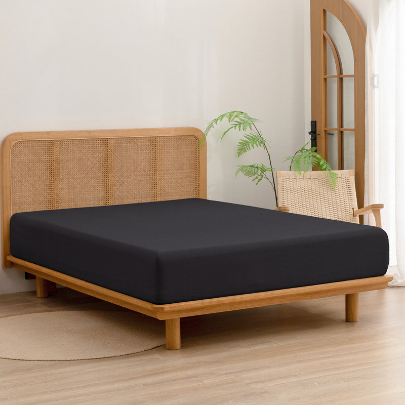 BESTOUCH Fitted Sheet 100% Washed Cotton Linen Feel Easily Fits Deep Pockets, Deep Black, Queen Fitted Sheet