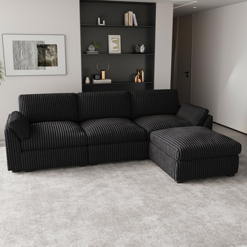 Plush Wide Corduroy Modular Sectional Sofa L-Shaped Solid Wood Sofa with Ottoman, Black Corduroy