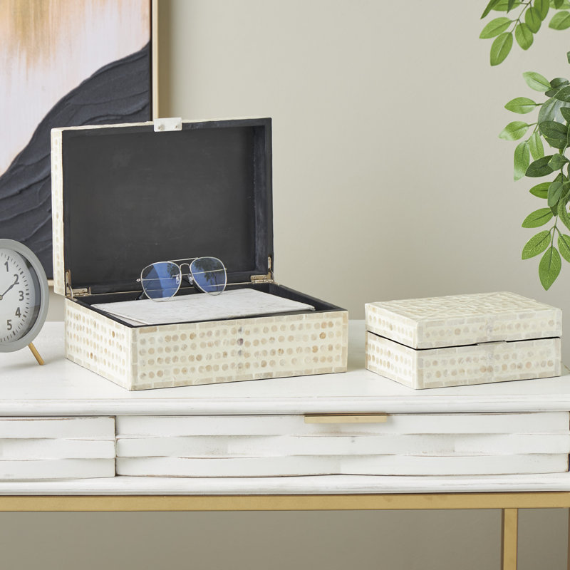 Armadi Mother of Pearl Shell Handmade Mosaic Dot Storage Geometric Decorative Cream Box with Accents Set