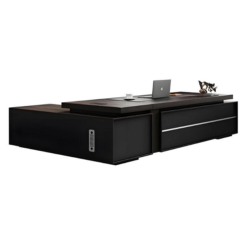 Bureau double caisson moderne gris foncé et noir avec tiroirs multiples, verrouillage par mot de passe et armoire de rangement latérale pour bureau de direction et chef de la direction