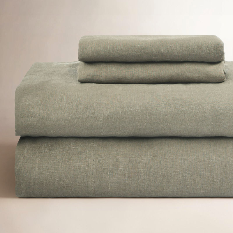100% French Linen Sheet Set, Moss, Queen Sheet Set with 2 Pillowcases