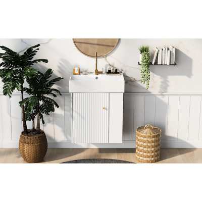 Meuble-lavabo flottant 21,6 po - Lavabo en céramique, rangement à droite, goût moderne 21,6 po avec baignoire moderne et peu encombrante