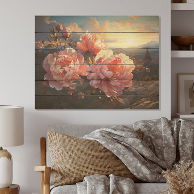 Pivoines magiques au coucher du soleil I - pivoines, art sur bois de pin naturel